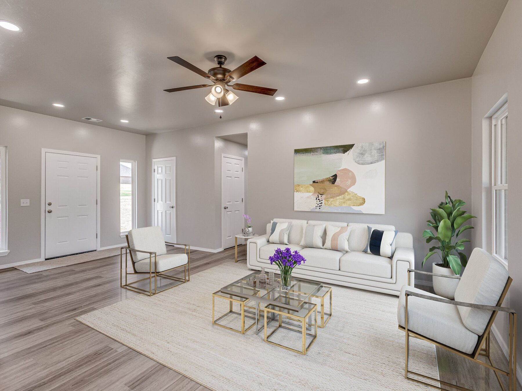 Finished living room with vaulted ceiling and modern finishes